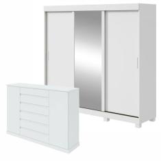 Imagem de Conjunto de Guarda-roupa 3 Portas 3 Gavetas Saion Plus 1 Porta Glass com Pés e Cômoda Vedra  Branco