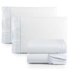 Imagem de Jogo De Lençol Queen Suave Barrado Lese 4 Peças Barato - Branco