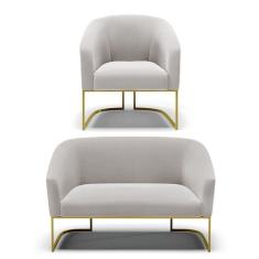 Imagem de Sofá Namoradeira E Poltrona Base Industrial Dourado Stella Veludo D03 - D'rossi Cor Cinza