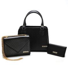 Imagem de Kit Bolsas Bicolor Mais Carteira Metalassê, Com Alça Transversal Preto
