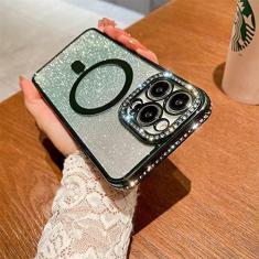 Imagem de Capa magnética Gradient Glitter Diamond para iPhone 11 13 12 14 Pro Max 14 Plus Capa de carregamento sem fio transparente macia, verde, para iPhone 14 Plus