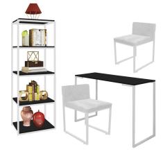 Imagem de Kit Escritório Ravi 2 Cadeiras Suede Branco com 1 Mesa e 1 Livreiro Ferro Branco MDF Preto - Ahazzo Móveis
