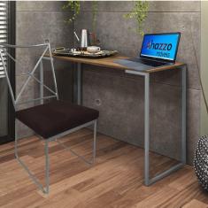 Imagem de Kit Escritório Clark Cadeira e Mesa Industrial Ferro Prata Tampo MDF Imbuia Suede Marrom - Ahz Móveis