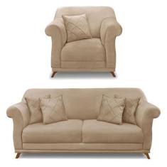 Imagem de Kit Poltrona e Sofá Living 2 Lugares 1,60m Vênus Suede Bege Pés Castan