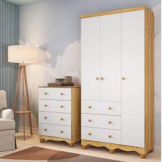 Imagem de Quarto Infantil com Guarda-Roupa 3 Portas e Cômoda 4 GavetasMimo 100% MDF Espresso Móveis Branco Brilho/Amêndoa