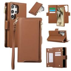 Imagem de Capa carteira para Samsung Galaxy S24 Ultra, bolso com zíper magnético [destacável] capa de couro com compartimentos para cartões e dinheiro, [bloqueio RFID] Capa com alça de pulso e cordão para