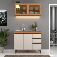Imagem de Cozinha Compacta Cecília 4 Portas 3 Gavetas com Vidro Freijó/Off White - Jcarvalho