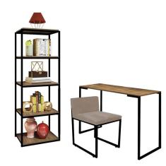Imagem de Kit Escritório Ravi 1 Cadeira Suede Bege com 1 Mesa e 1 Livreiro Ferro Preto MDF Rústico - Ahazzo Móveis
