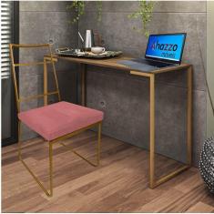 Imagem de Kit Escritório Stark Cadeira e Mesa Industrial Ferro Dourado Tampo MDF Imbuia Suede Rose Gold - Ahz Móveis