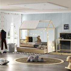 Imagem de Bicama Solteiro Infantil Reversível com Grade e Telhado Casinha Garden Casatema Marroml/Branco