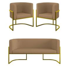 Imagem de Kit 2 Poltronas + Sofá 2 Lugares Base De Metal Gold Veludo Capuccino