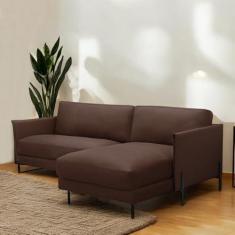 Imagem de Sofá Decorativo Karine 3 Lugares Sala de estar 230cm com Chaise Pés em Aço Couro Marrom Chocolate G88 - Gran Belo