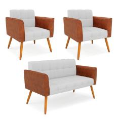 Imagem de Sofá Namoradeira E 2 Poltronas Pés Palito Castanho Elisa Nozes-linho Cinza A05 D03 - D'rossi