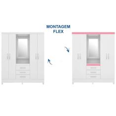 Imagem de Guarda Roupa 4 Portas E 3 Gavetas C Espelho Capelinha Persia Branco Rosa Demobile