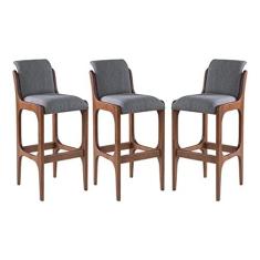 Imagem de Kit 3 Banquetas Alta Irlanda 45 x 101 Cm Madeira Maciça Imbuia Linho Cinza L55 - RMI