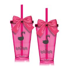 Imagem de Kit 2 Copos  com Tampa, Canudo e Laço Personalizados Flamingo Dia das Crianças