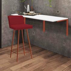 Imagem de Kit Mesa Suspensa de Parede Fixa MDF Branco + 1 Banqueta Lexi Ferro Bronze Sintético Vermelho - Ahazzo Móveis