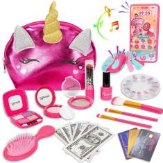 Imagem de Kit de maquiagem Yellow River Pretend Play com bolsa de unicórnio para menina