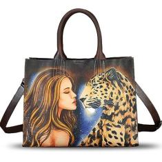 Imagem de Bolsa feminina de couro genuíno pintada à mão com alça superior, bolsa tiracolo feita à mão, Estampa 12, Medium