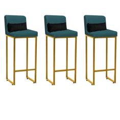 Imagem de Kit 03 Banqueta Alta com Encosto Lucca Industrial Cozinha Balcão Ferro Dourado Suede Azul Turquesa e Almofada Preto - Ahazzo Móveis