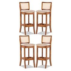 Imagem de Kit 4 Banquetas Alta Portugal com Encosto em Rattan Estofado Linho Bege M58 RMI