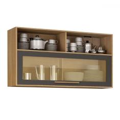 Imagem de Armário Aéreo Cozinha 120 Cm Salvador 1 Porta com Vidro Cinamomo/Grafite - Valdemóveis