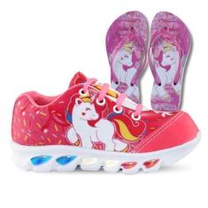 Imagem de Genérico, tenis de led infantil feminino unicornio com luzinha meninas mais chinelo Cor:Preto;Tamanho:32;Gênero:Feminino