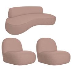 Imagem de Sofá Curvo 140cm 2 Lugares E 2 Poltrona Amsterdã Linho - Adj Decor Cor Rosê