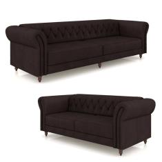 Imagem de Conjunto De Sofá Stanford Chesterfield 2 E 3 Lugares 200cm-260cm Pés Madeira Couro Marrom G58 Gran Belo