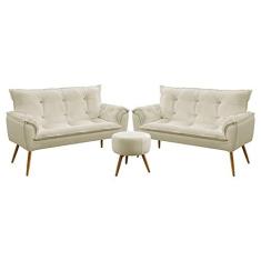 Imagem de Kit 2 Poltronas Namoradeiras Decorativas Estofadas Para Sala De Estar Beta e Puff Solar Sued Bege Aradecor
