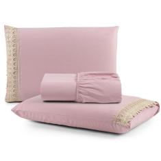 Imagem de Jogo Cama Lençol Haia Casal Padrão Percal 200 Fios 100% Algodão Guipir Bordado Inglês 3 Peças - Rosê