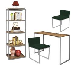 Imagem de Kit Escritório Ravi 2 Cadeiras Suede Verde com 1 Mesa e 1 Livreiro Ferro Cinza MDF Carvalho - Ahazzo Móveis