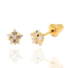 Imagem de Brinco Em Ouro 18K Estrela Zircônia 3mm Segundo Furo Infantil Bebê Rn