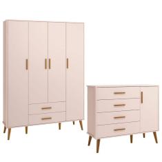 Imagem de Comoda Sapateira e Guarda Roupa Isis Retrô 4 Portas 2 Gavetas Rosa Fosco - Reller
