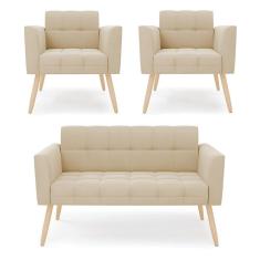 Imagem de Kit 1 Sofá Namoradeira E 2 Poltronas Elisa Suede Bege Pés Palito Natural - D`rossi