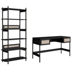 Imagem de Mesa Escrivaninha e Estante Pés Madeira Arlo A10 Nero/Preto - Mpozenato