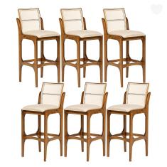 Imagem de Kit 6 Banquetas para Área Gourmet Lisboa Encosto Rattan Madeira Imbuia Linho Bege M58 RMI
