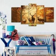 Imagem de Quadro Decorativo Cervos na Floresta 5 peças em tecido