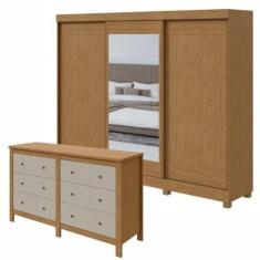 Imagem de Conjunto de Guarda-roupa 3 Portas 4 Gavetas Nice com Espelho e com Pése Cômoda Maggiore New Amêndoa Clean/off White