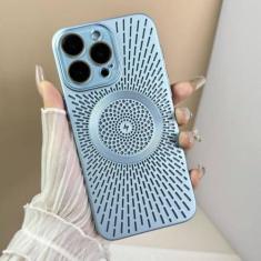 Imagem de Para iPhone 12 13 14 15 Pro Max Capa de telefone respirável dissipação de calor malha concha sucção magnética capa de proteção de carregamento, azul claro, para iphone 14