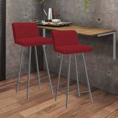 Imagem de Kit Mesa Suspensa de Parede Fixa MDF Caramelo + 2 Banquetas Lexi Ferro Cinza Sintético Vermelho - Ahazzo Móveis