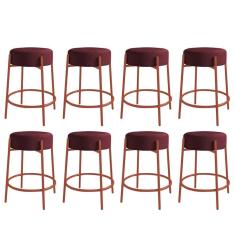 Imagem de Kit 08 Banquetas Alta Sintra 65cm Redonda Ferro Bronze Suede Bordô - Ahazzo Móveis