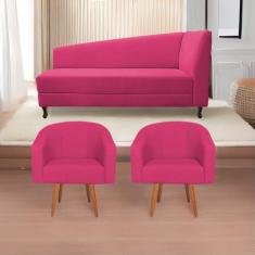 Imagem de Kit Diva Recamier Heitor 140cm Lado Esquerdo e 02 Poltronas Luiza Suede Pink - Amarena Móveis