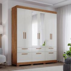 Imagem de Guarda-roupa Casal com Espelho 6 Portas de Bater 1 Basculante 5 Gavetas Mdf Coimbra Espresso Móveis Cinamomo/Off White