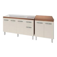 Imagem de Armário Cozinha Gabinete Pia De 140 cm Camile Com Balcão Multiuso Micro-ondas Savana Frente Off-white Serena