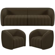 Imagem de Kit Sofá 05 Lugares Para Sala 332 Cm Com 02 Poltronas Lazio M03 Veludo Marrom - Lyam Decor