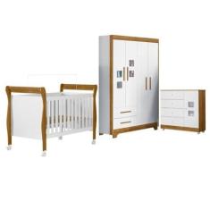 Imagem de Quarto de Bebê com Berço Mini Cama Slim, Cômoda 1 Porta 4 Gavetas e Roupeiro 4 Portas 2 Gavetas Branco/madeirado Ypê
