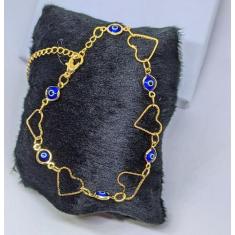 Imagem de Pulseira Feminino Adulto Infantil Olho Grego Azul Coração Vazado Folhe