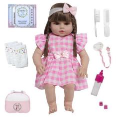 Imagem de Boneca Reborn Bebê 46cm Vestido Xadrez Com Bolsa Maternidade - Cegonha
