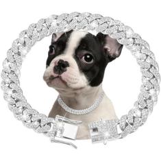 Imagem de haoyueer Coleira de corrente para cães, diamante, elos cubanos, coleira para cães, 13 mm de largura, corrente de metal para gatos, coleira de cristal, acessórios para filhotes, pequenos, médios,